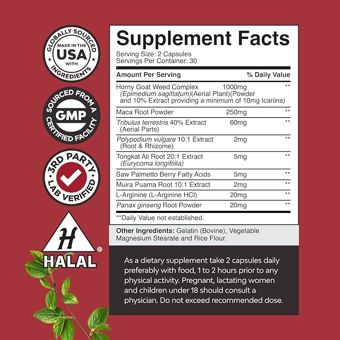 Men's Epimedium - Extra Strength Men's Supplement with Black Maca Root, Tongkat Ali, Saw Palmetto, and Ginseng Extracts for Endurance & Energy - 60 Capsules