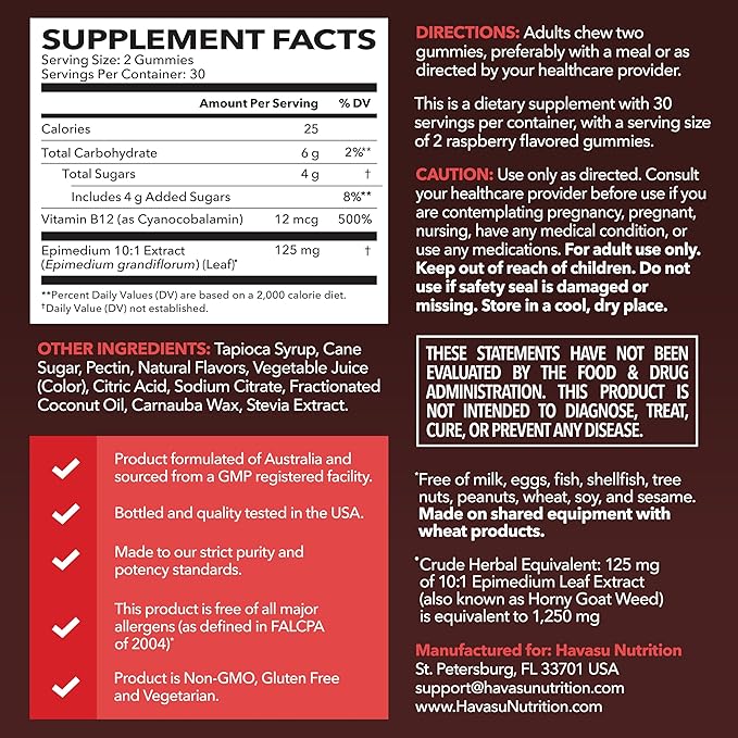 Horny Goat Weed Gummies with Vitamin B12 - Energy, Endurance & Performance Support Men's Health - 60 Capsules