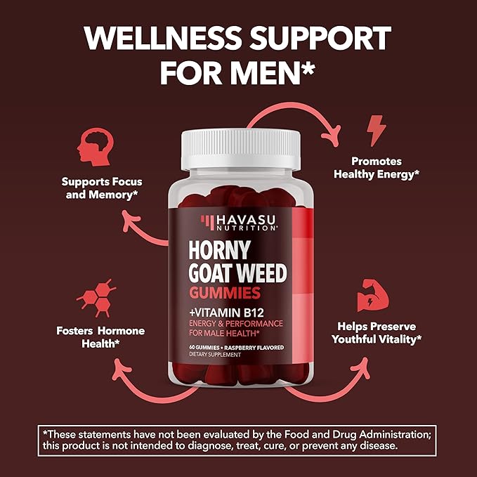 Horny Goat Weed Gummies with Vitamin B12 - Energy, Endurance & Performance Support Men's Health - 60 Capsules