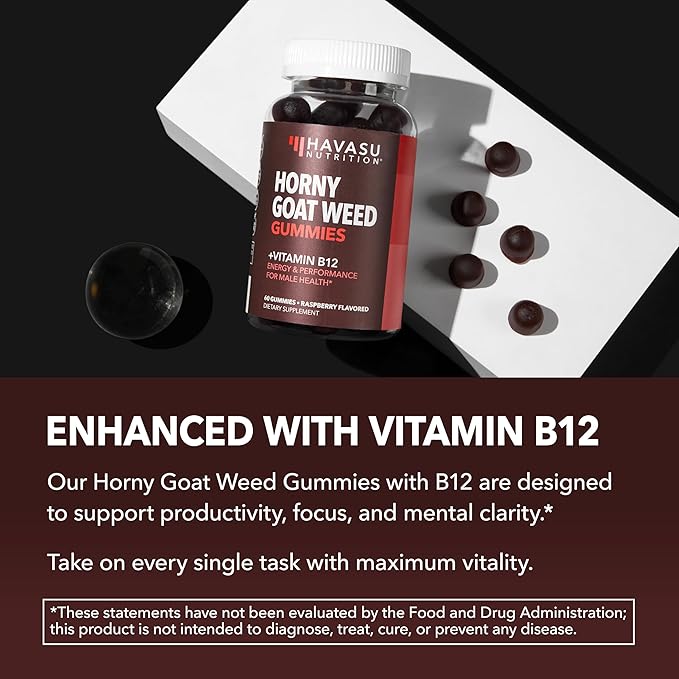Horny Goat Weed Gummies with Vitamin B12 - Energy, Endurance & Performance Support Men's Health - 60 Capsules